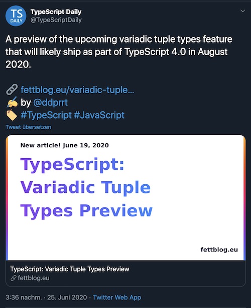 A tweet by @TypeScriptDaily showing one of my articles
